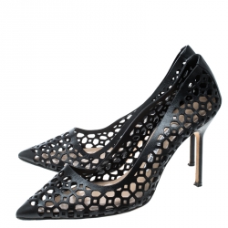Pre Owned Manolo Blahnik Black Laser Cut Leather Pointed Toe Pumps Size 37