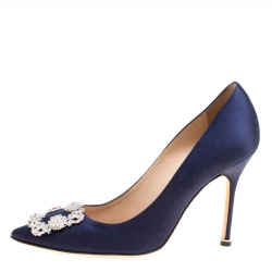 Pre Owned Manolo Blahnik Blue Satin Hangisi Crystal Embellished Pumps Size 38.5