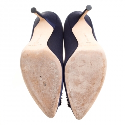 Pre Owned Manolo Blahnik Blue Satin Hangisi Crystal Embellished Pumps Size 38.5