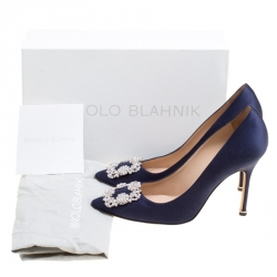 Pre Owned Manolo Blahnik Blue Satin Hangisi Crystal Embellished Pumps Size 38.5