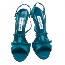 Manolo Blahnik Blue Satin Bow Detail Slingback Sandals Size 38