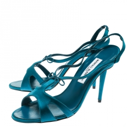Manolo Blahnik Blue Satin Bow Detail Slingback Sandals Size 38