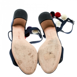 Manolo Blahnik Blue Canvas Pompom Ankle Strap Sandals Size 38