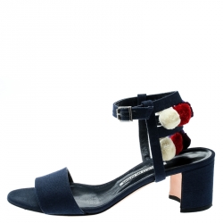 Manolo Blahnik Blue Canvas Pompom Ankle Strap Sandals Size 38