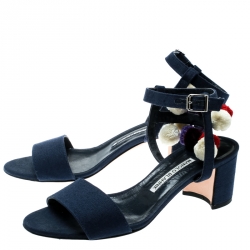 Manolo Blahnik Blue Canvas Pompom Ankle Strap Sandals Size 38