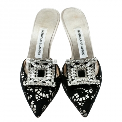 Pre Owned حذاء مولز مانولو بلانيك مزخرف كريستال بورلي سويدي قصة ليزر أسود وساتان رمادي مقاس 36