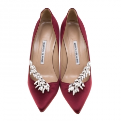 Pre Owned حذاء كعب عالي مانولو بلانيك ناديرا مزخرف ساتان بني محمر مقاس 38.5