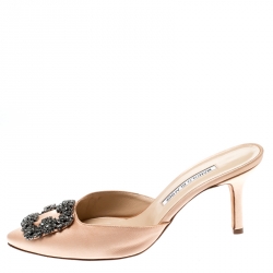 Manolo Blahnik Beige Satin Hangisi Pointed Toe Mules Size 38