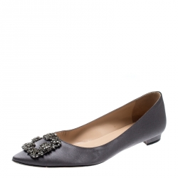 Pre Owned Manolo Blahnik Dark Grey Satin Hangisi Ballet Flats Size 39