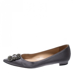 Pre Owned Manolo Blahnik Dark Grey Satin Hangisi Ballet Flats Size 39