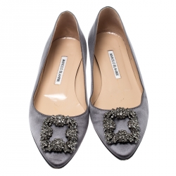 Pre Owned Manolo Blahnik Dark Grey Satin Hangisi Ballet Flats Size 39