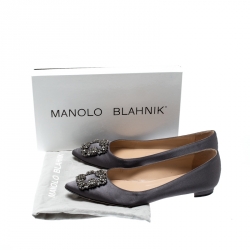 Pre Owned Manolo Blahnik Dark Grey Satin Hangisi Ballet Flats Size 39