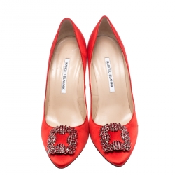 Pre Owned Manolo Blahnik Red Satin Hangisi Crystal Embellished Pumps Size 40