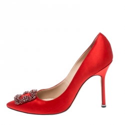 Pre Owned Manolo Blahnik Red Satin Hangisi Crystal Embellished Pumps Size 40