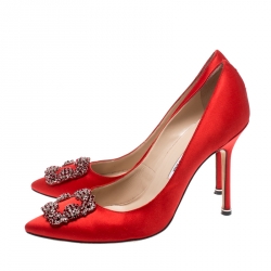 Pre Owned Manolo Blahnik Red Satin Hangisi Crystal Embellished Pumps Size 40