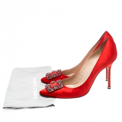 Pre Owned Manolo Blahnik Red Satin Hangisi Crystal Embellished Pumps Size 40