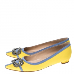 Pre Owned Manolo Blahnik Yellow Satin Gotrian Crystal Embellished Pointed Toe Flats Size 39