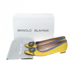 Pre Owned Manolo Blahnik Yellow Satin Gotrian Crystal Embellished Pointed Toe Flats Size 39