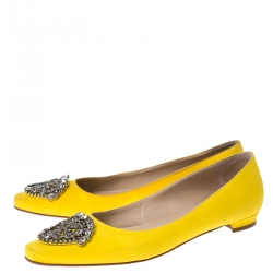 Pre Owned Manolo Blahnik Yellow Satin Crystal Embellished Ballet Flats Size 37.5