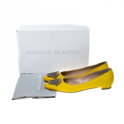 Pre Owned Manolo Blahnik Yellow Satin Crystal Embellished Ballet Flats Size 37.5