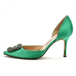 Pre Owned Manolo Blahnik Green Satin Hang Isido D'orsay Pumps Size 38 