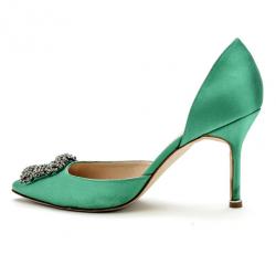 Pre Owned Manolo Blahnik Green Satin Hang Isido D'orsay Pumps Size 38 