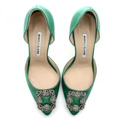 Pre Owned Manolo Blahnik Green Satin Hang Isido D'orsay Pumps Size 38 