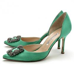 Pre Owned Manolo Blahnik Green Satin Hang Isido D'orsay Pumps Size 38 