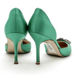 Pre Owned Manolo Blahnik Green Satin Hang Isido D'orsay Pumps Size 38 