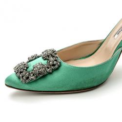 Pre Owned Manolo Blahnik Green Satin Hang Isido D'orsay Pumps Size 38 