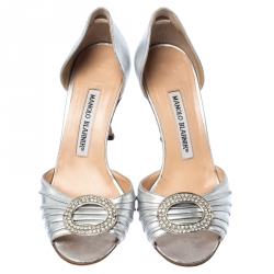 Pre Owned Manolo Blahnik Silver Metallic Crystal Embellished Sedaraby Sandals Size 35.5