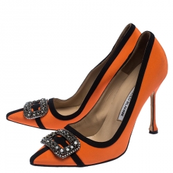 Pre Owned Manolo Blahnik Orange/Black Satin Hangisi Crystal Embellished Pumps Size 40