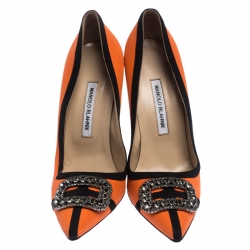 Pre Owned Manolo Blahnik Orange/Black Satin Hangisi Crystal Embellished Pumps Size 40