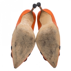 Pre Owned Manolo Blahnik Orange/Black Satin Hangisi Crystal Embellished Pumps Size 40