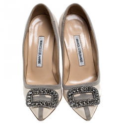 Pre Owned Manolo Blahnik Beige Satin Gotrian Crystal Embellished Pumps Size 36