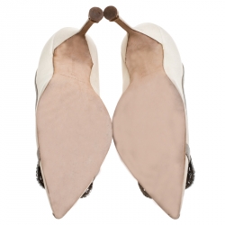 Pre Owned Manolo Blahnik Beige Satin Gotrian Crystal Embellished Pumps Size 36