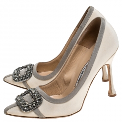 Pre Owned Manolo Blahnik Beige Satin Gotrian Crystal Embellished Pumps Size 36