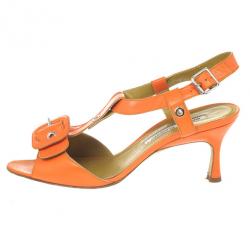 مملوكة مسبقًا Manolo Blahnik Orange Leather Buckle T Strap Sandals Size 36.5