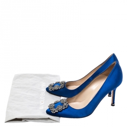 Manolo Blahnik Blue Satin Hangisi Embellished Pointed Toe Pumps Size 35.5