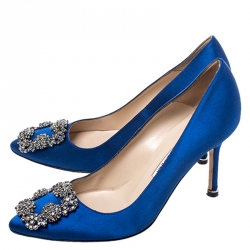 Manolo Blahnik Blue Satin Hangisi Embellished Pointed Toe Pumps Size 35.5