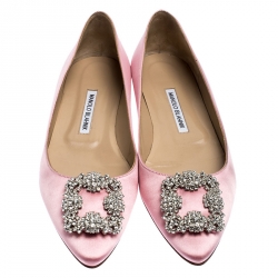 Pre Owned Manolo Blahnik Light Pink Satin Hangisi Ballet Flats Size 39