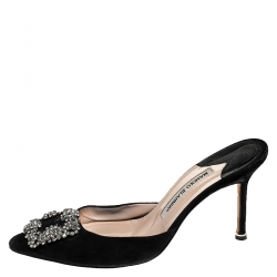 Pre Owned Manolo Blahnik Black Suede Maysale Embellished Pointed Toe Mules Size 38.5