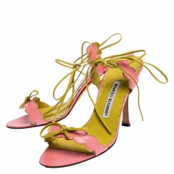 Manolo Blahnik Pink Scalloped Leather Open Toe Ankle Wrap Sandals Size 38