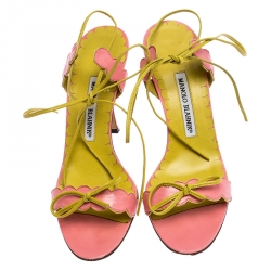 Manolo Blahnik Pink Scalloped Leather Open Toe Ankle Wrap Sandals Size 38