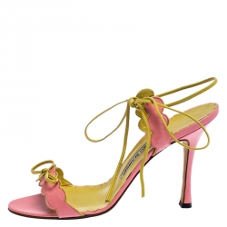 Manolo Blahnik Pink Scalloped Leather Open Toe Ankle Wrap Sandals Size 38