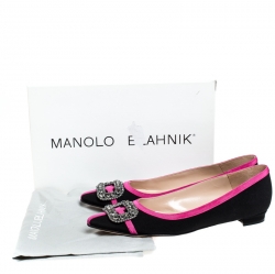 Pre Owned Manolo Blahnik Black Satin And Pink Trim Gotrian Crystal Embellished Pointed Toe Flats Size 38
