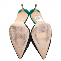 Manolo Blahnik Green/Black Lasercut Suede and Satin Borli Mules Size 37.5