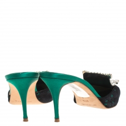 Manolo Blahnik Green/Black Lasercut Suede and Satin Borli Mules Size 37.5