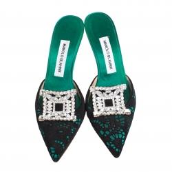 Manolo Blahnik Green/Black Lasercut Suede and Satin Borli Mules Size 37.5