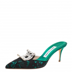 Manolo Blahnik Green/Black Lasercut Suede and Satin Borli Mules Size 37.5